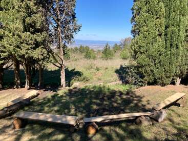 Three simple wooden benches form a semicircle in a sunny clearing, surrounded by tall green trees, overlooking a distant valley under a bright, clear sky.