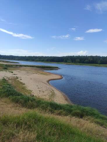 This image shows a peaceful river winding through grassy banks and sandy shores, with a lush forest in the background and a bright, clear blue sky above.