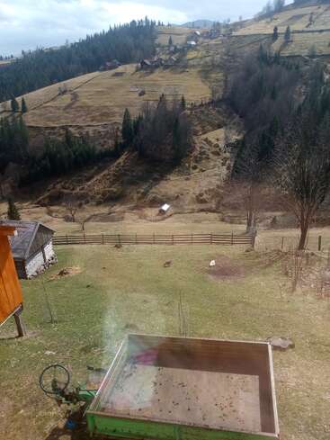 Eine ruhige Landschaft mit sanften Hügeln, vereinzelten Häusern, grünem Gras, einem Holzzaun, ein paar Hühnern, Bäumen und einem Sattelzug im Vordergrund.