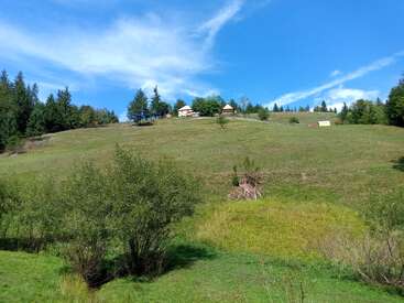 Ein grasbewachsener Hügel führt zu ein paar kleinen Häusern, die von Bäumen umgeben sind. Der Himmel ist strahlend blau und mit vereinzelten weißen Wolken übersät, was eine friedliche ländliche Landschaft schafft.