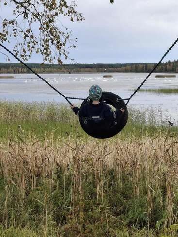 A child sits on a round swing, gazing at a serene lake with white birds. Tall grass and a tree branch frame the peaceful outdoor scene.