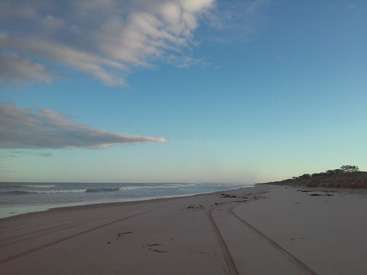 La imagen representa una serena escena playera con una vasta extensión de arena, suaves olas y un cielo azul salpicado de nubes, que evoca una sensación de tranquilidad.