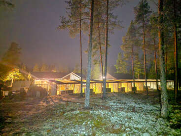 Ein warm beleuchtetes Holzhaus steht nachts in einem Wald. Hohe Kiefern stehen drum herum, und der Boden ist mit Moos und Steinen bedeckt.