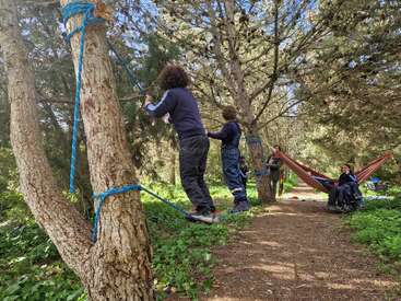 Children play in a forest, balancing on a rope tied between trees. Others relax in hammocks. Sunlight filters through the trees, creating a fun, peaceful atmosphere.