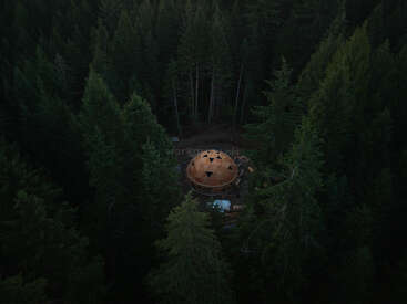 Eine geodätische Holzkuppel liegt versteckt zwischen dichten, hohen Kiefern in einem dunklen, abgelegenen Wald. Das Gebäude fügt sich harmonisch in die natürliche Umgebung ein.