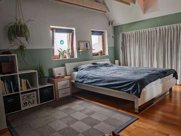 Un dormitorio acogedor y moderno con la cama bien hecha, plantas de interior, una estantería, una mesita de noche, dos ventanas, una pared decorativa en tonos verdes, cortinas y suelo de madera con una alfombra.
