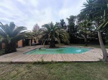 Esta imagem mostra um quintal com um deck de madeira ao redor de uma piscina, palmeiras exuberantes, grama verde e uma casa ao fundo. Cenário tranquilo.