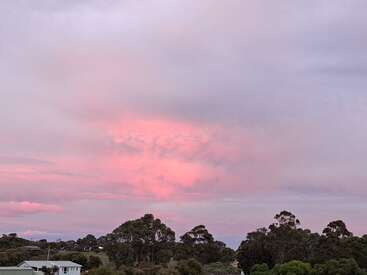 The image shows a serene landscape with a pink and purple sunset sky, scattered clouds, tall green trees, and a small white house in the foreground.