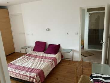 Une chambre simple avec un lit double, deux oreillers violets, des tables de chevet, un parquet, une armoire et une salle de bain attenante avec une cabine de douche en verre visible.