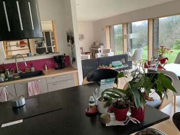 Il s'agit d'une cuisine et d'un salon confortables et modernes, dotés de grandes fenêtres, de plantes, de meubles en bois, d'une lumière naturelle, d'une vue sur le jardin et d'une atmosphère détendue et chaleureuse.