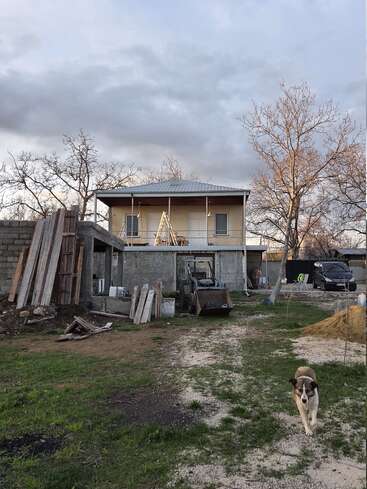 A two-story unfinished house stands amid construction materials and equipment. Leafless trees surround the yard. A brown and white dog walks on a dirt path, foreground.