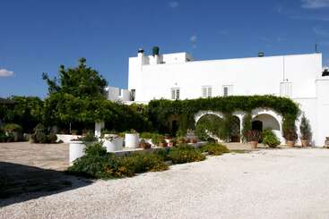 Esta imagem mostra uma charmosa villa mediterrânea branca com varandas em arco, trepadeiras e vasos de plantas. O pátio é ensolarado, tranquilo e tem um belo paisagismo.