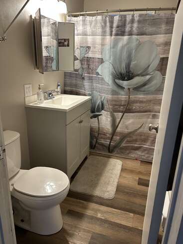 Cette salle de bains comprend des toilettes, un meuble-lavabo avec évier, une armoire à pharmacie à miroir, un rideau de douche à fleurs, un tapis beige, un sol en bois et des murs aux couleurs neutres et douces, créant ainsi une atmosphère chaleureuse.