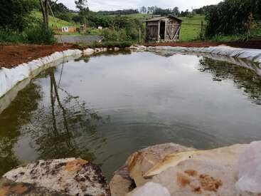A tranquil, man-made pond lined with plastic and surrounded by soil sits in a rural area, reflecting trees and sky, with a rustic wooden shed nearby.