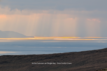 La luz dorada del sol atraviesa las nubes y proyecta rayos etéreos sobre la tranquila bahía de Dingle, con escarpadas colinas en primer plano y siluetas lejanas en el horizonte.