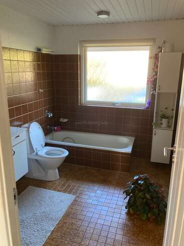 Este cuarto de baño cuenta con paredes y suelo de baldosas marrones, inodoro blanco, bañera, tocador, alfombra blanca, una gran ventana esmerilada, un armario alto y una frondosa planta verde.