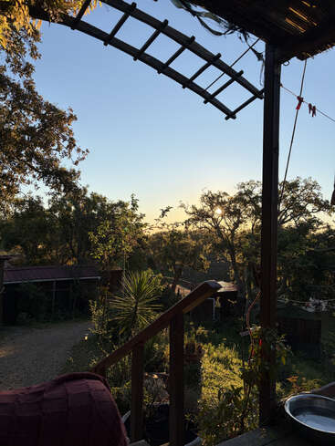 Una tranquila escena rural al atardecer, en la que se aprecian un porche de madera con escaleras, una exuberante vegetación, un cuenco de metal, árboles, cobertizos y un cielo azul claro al atardecer.