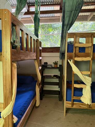 This image shows a cozy hostel room with two sets of wooden bunk beds, blue bedding, tied curtains, a small shelf, and large windows overlooking greenery.