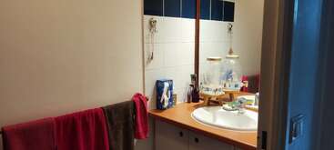 Das Bild zeigt ein Waschbecken im Badezimmer mit einem Spiegel darüber, Toilettenartikeln auf dem Waschtisch, einer Tissuebox, Handtüchern und heller Beleuchtung, die eine gemütliche Atmosphäre schaffen.