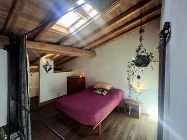 This cozy attic bedroom features a wooden ceiling with exposed beams, skylight, single bed with purple bedding, hanging plant, nightstand, lamp, and minimalist decor.