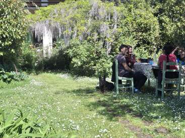 Cuatro personas se sientan alrededor de una mesa en un exuberante y soleado jardín, disfrutando de la conversación. Un perro descansa cerca. Las flores y la densa vegetación crean un ambiente apacible.