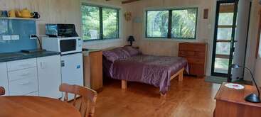 This cozy studio features a bed, kitchenette with fridge and microwave, wooden furniture, dining table, windows with leafy views, and a door leading outside.