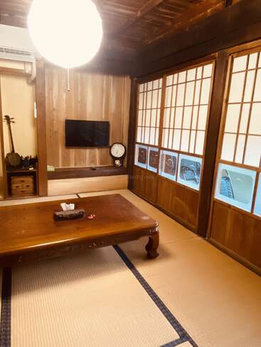 Esta imagen muestra una habitación tradicional japonesa con tatamis, una mesa baja de madera, puertas correderas shoji, un reloj de pared, televisión y un shamisen en un rincón.