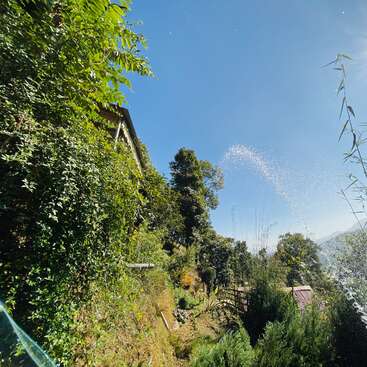 Das Bild zeigt eine ruhige Hügellandschaft mit einem Haus, üppigem Grün und einem klaren, blauen Himmel, der ein Gefühl von Ruhe und natürlicher Schönheit hervorruft.