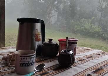 A morning scene outdoors with a thermos, mate cup, sugar container, mug, spoon, and instant coffee on a patterned tablecloth. Misty forest in the background.