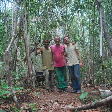 A imagem mostra três indivíduos em pé em frente a uma floresta, com árvores e folhagens visíveis ao fundo. Os indivíduos estão vestidos com roupas casuais e a cena parece ser um cenário natural.