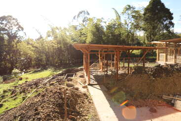 A wooden framework of a building under construction stands on a sunny plot, surrounded by dirt piles, green grass, trees, and a bright lens flare.