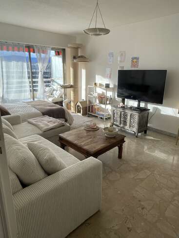 Salon baigné de soleil avec canapé blanc, table basse en bois, télévision, arbre à chat, étagères et vue sur le balcon. Confortable, bien rangé et accueillant, idéal pour se détendre et se sentir à l'aise.