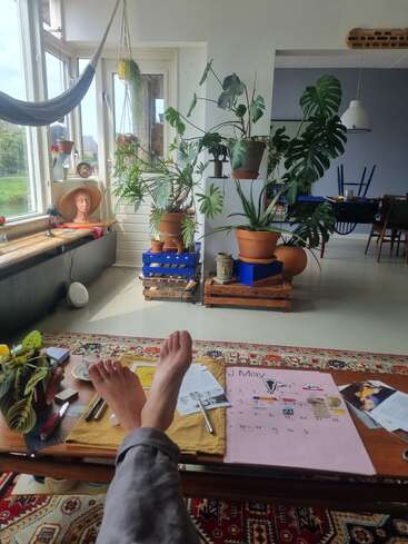 The image depicts a person\'s feet on a coffee table in a room with plants, a hammock, and a window, surrounded by various objects and papers.
