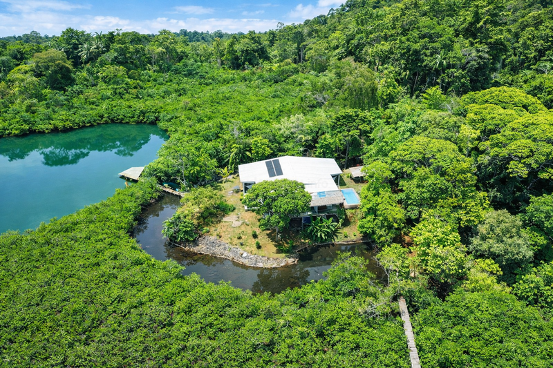 A remote house with solar panels is nestled among lush green forest, surrounded by water, vibrant vegetation, and a peaceful blue lagoon under a sunny sky.
