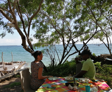 Un hombre y una mujer sentados en una mesa colorida disfrutan de una comida juntos junto al mar, rodeados de árboles, con una hermosa vista del océano.