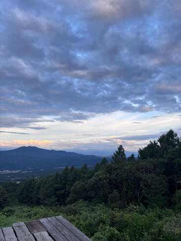 Von einer Holzplattform aus blickt man auf einen üppig grünen Wald, in der Ferne ragen Berge empor, während sich der Himmel in der Abenddämmerung dramatisch mit blauen und grauen Wolken füllt.