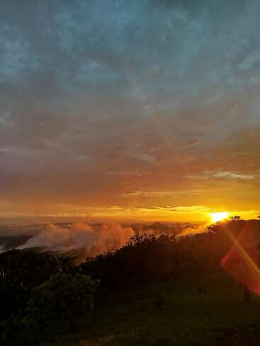 Esta imagem captura um pôr do sol de tirar o fôlego em uma paisagem exuberante, com a luz dourada do sol atravessando as nuvens, a névoa subindo das árvores e o céu brilhando em tons quentes.