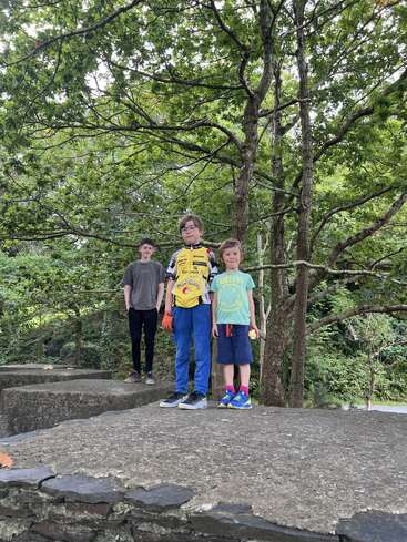 The image depicts three boys standing on a stone wall, with a tree and lush greenery in the background, set against an overcast sky.