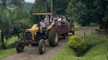 Um trator amarelo puxa um trailer cheio de pessoas sorridentes ao longo de um caminho de terra cercado por vegetação exuberante, árvores e áreas gramadas, sugerindo uma fazenda ou um passeio rural.