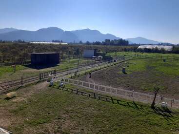 Un paysage rural paisible présente des champs clôturés, de l'herbe verte, de petits hangars, des serres lointaines et des montagnes ombragées sous un ciel bleu clair par une journée ensoleillée.
