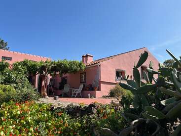 Ein bezauberndes rosa Haus mit Ziegeldach steht unter strahlend blauem Himmel, umgeben von üppigen Gärten, leuchtenden Blumen, grünen Reben und Kakteen.