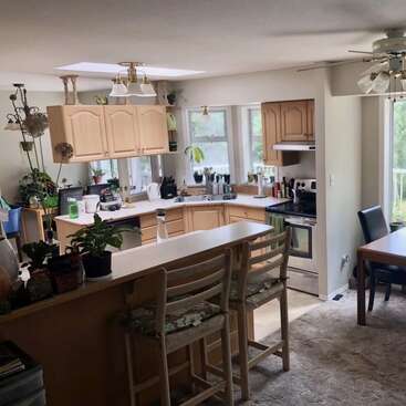 This cozy kitchen features light wood cabinets, bar seating, numerous houseplants, a dining table, ample appliances, large windows providing natural light, and overall inviting, homey atmosphere.