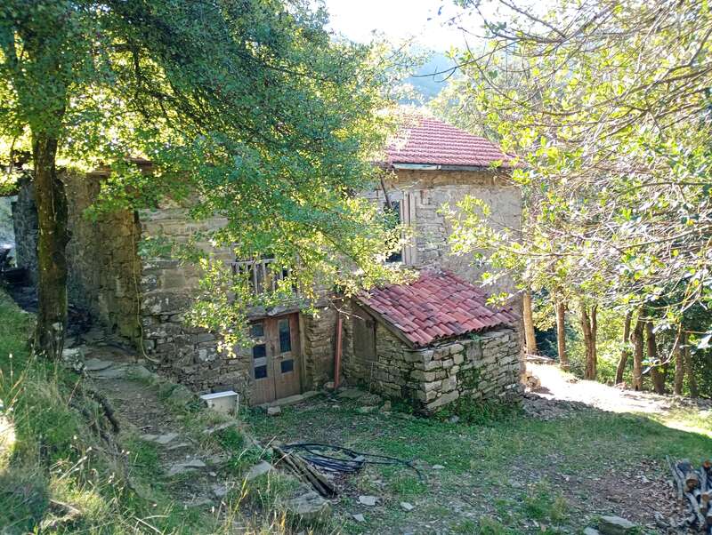 Ein altes Steinhaus mit roten Ziegeldächern steht in einem schattigen Waldgebiet. Das Sonnenlicht dringt durch die grünen Äste und wirft schummriges Licht auf das rustikale Gebäude.
