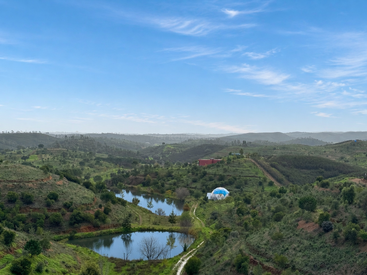 Ce paysage serein présente des collines verdoyantes et vallonnées, une rivière sinueuse, un édifice au dôme bleu, des arbres épars et un ciel d'un bleu éclatant parsemé de nuages légers et vaporeux.
