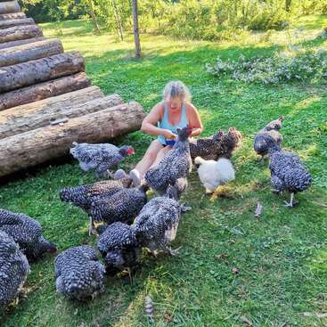 Eine Frau sitzt im Gras neben großen Baumstämmen, umgeben von mehreren schwarz-weißen Hühnern und einem flauschigen weißen Huhn, und genießt die sonnige, grüne Umgebung.
