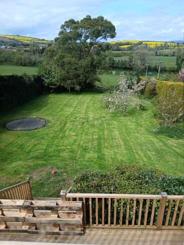 A spacious backyard with green grass, a trampoline, blossoming tree, lush bushes, wooden deck, surrounded by countryside fields and distant yellow hills under blue sky.