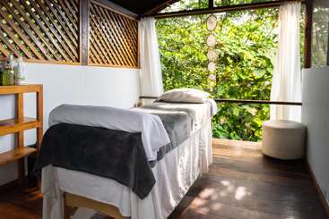 Cette salle de massage apaisante est équipée d'une table confortable, de draps moelleux, de touches de bois naturel, d'un éclairage tamisé, de fenêtres ouvertes, d'une végétation luxuriante à l'extérieur et offre une atmosphère paisible et relaxante.