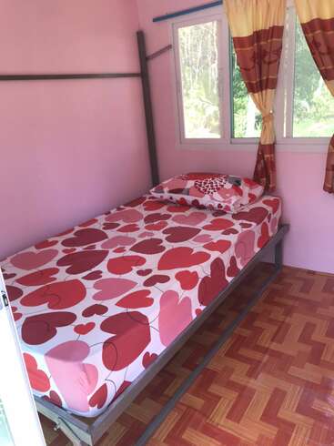 A small room with pink walls, a single bed covered in heart-patterned bedding, pillow, window with yellow-brown curtains, and brown patterned wooden floor.