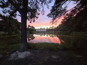 Uma grande árvore fica ao lado de um lago calmo, refletindo o vibrante céu rosa e roxo do pôr do sol. Um celeiro rústico fica pacificamente ao fundo, cercado por bosques.
