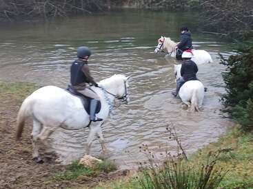 Tres jinetes montados en caballos blancos cruzan un río poco profundo. Los jinetes llevan cascos y ropa de abrigo. El paisaje circundante es verde y ligeramente embarrado, con árboles desnudos.